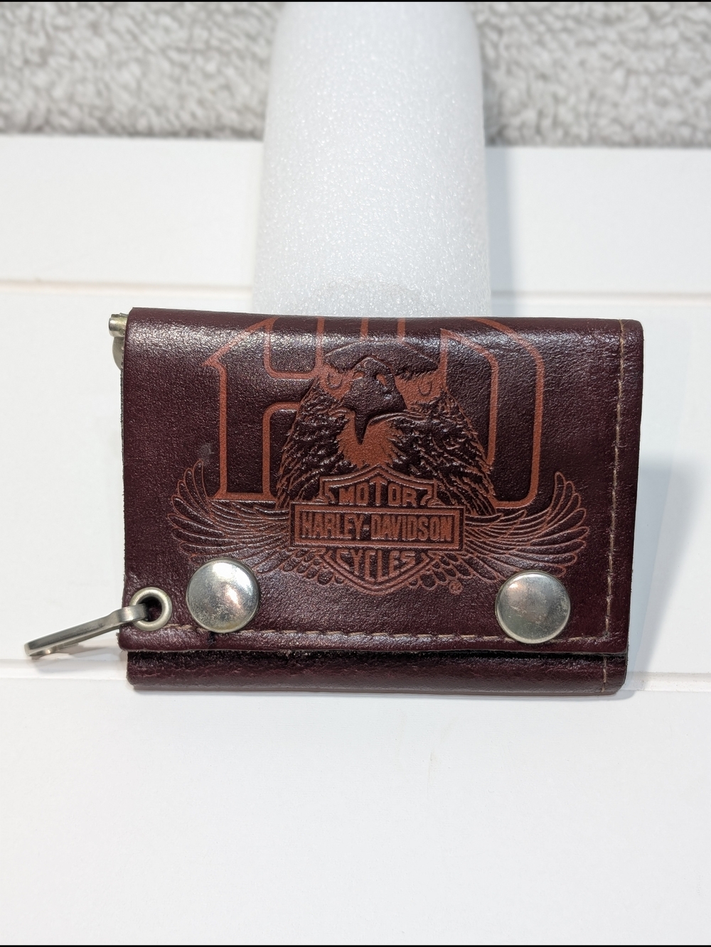 Harley-Davidson Mens Cherry Brown Leather Trifold Wallet Money Clip Photo Insert